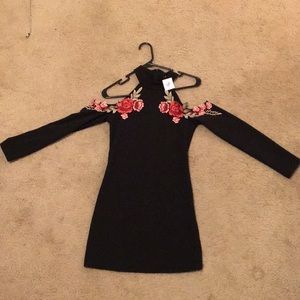 Rose Embroidered Black Mini Dress